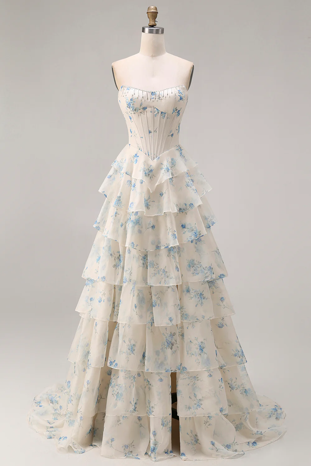 Romantic Strapless Floral Print Beaded Corset Tiered Ruffle Tulle Maxi Prom Dress with Train