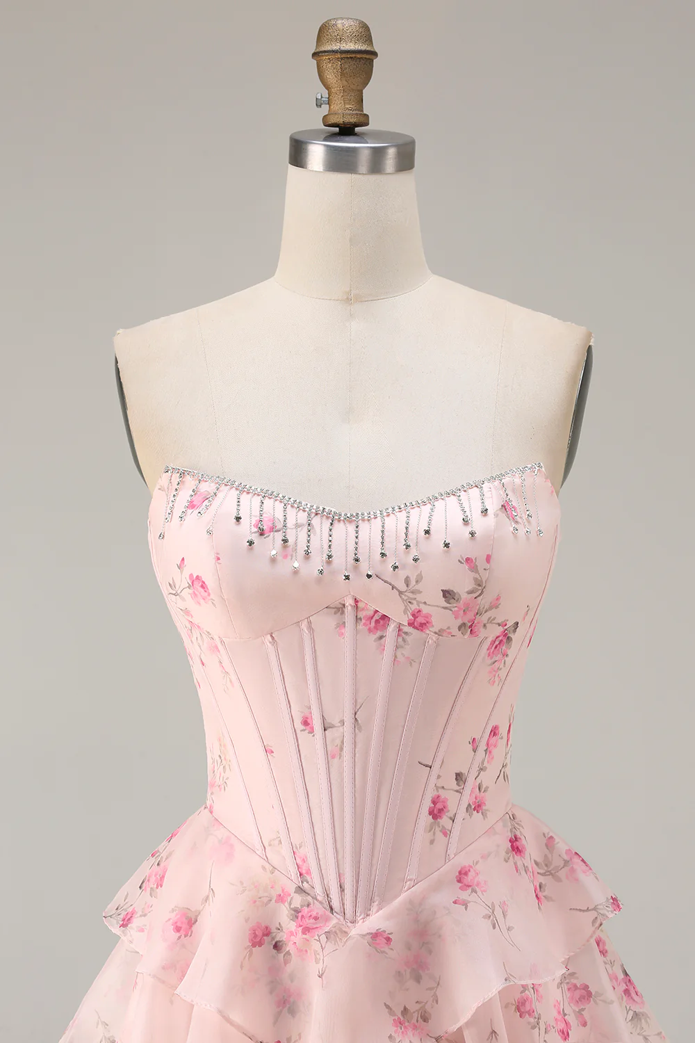 Romantic Strapless Floral Print Beaded Corset Tiered Ruffle Tulle Maxi Prom Dress with Train