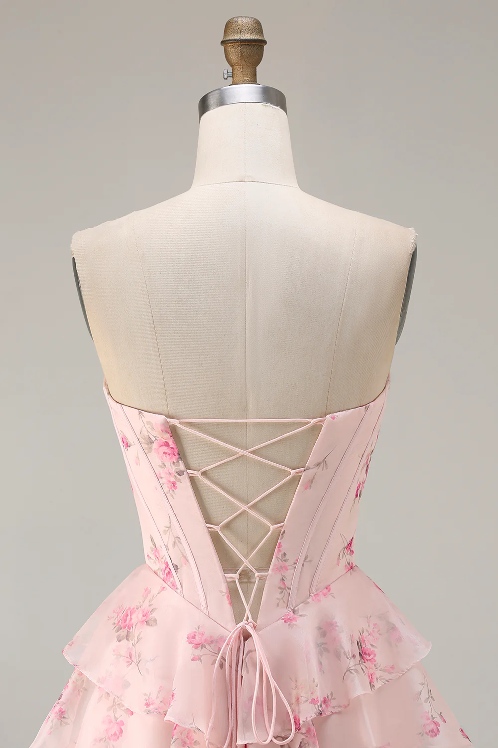 Romantic Strapless Floral Print Beaded Corset Tiered Ruffle Tulle Maxi Prom Dress with Train