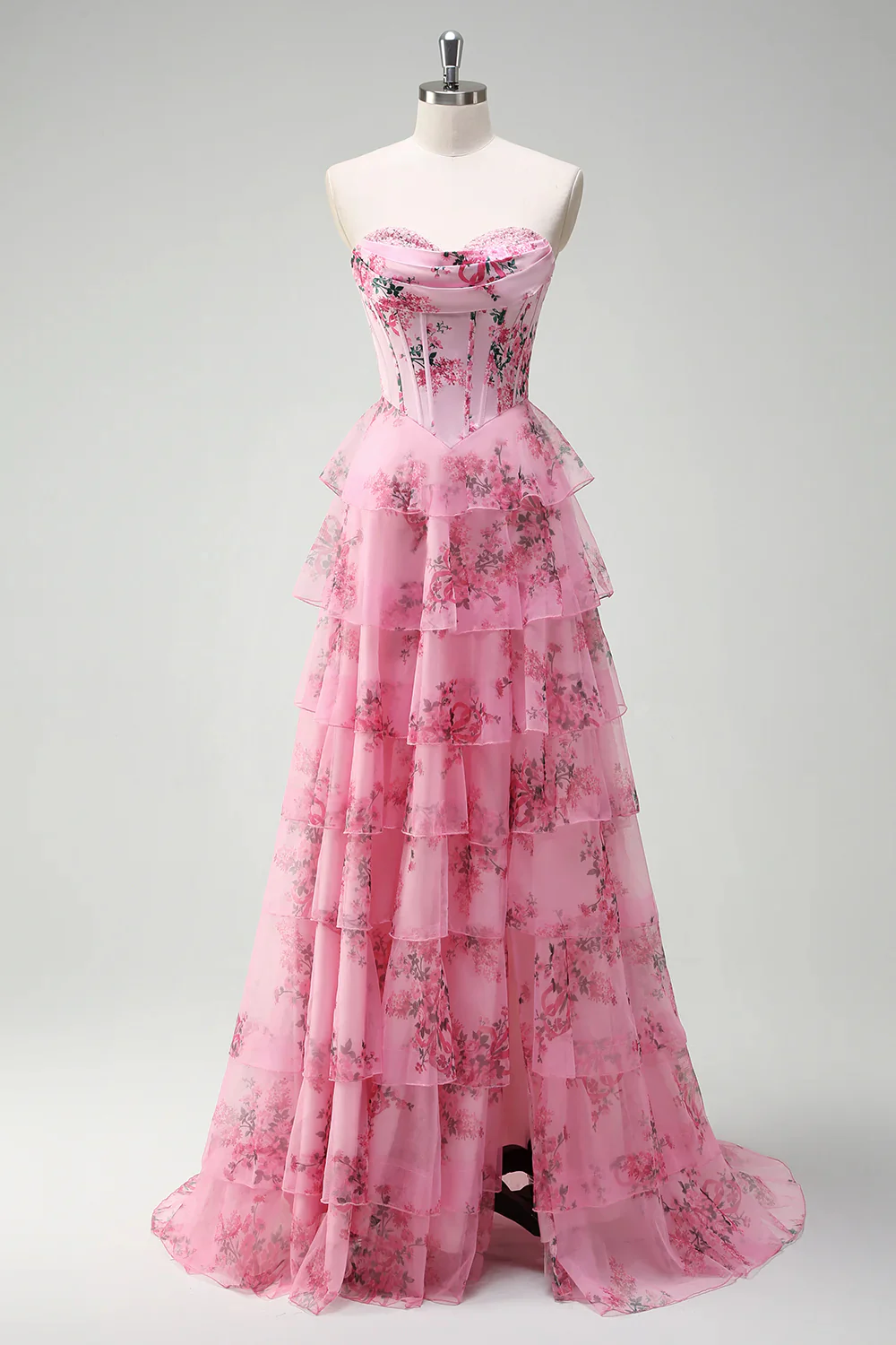 Romantic Strapless Floral Print Corset Tiered Ruffle High Slit Tulle Maxi Prom Dress