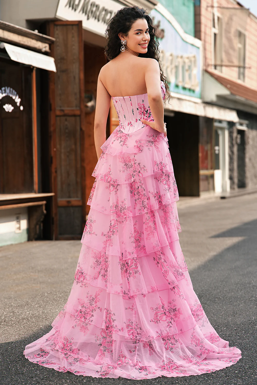 Romantic Strapless Floral Print Corset Tiered Ruffle High Slit Tulle Maxi Prom Dress