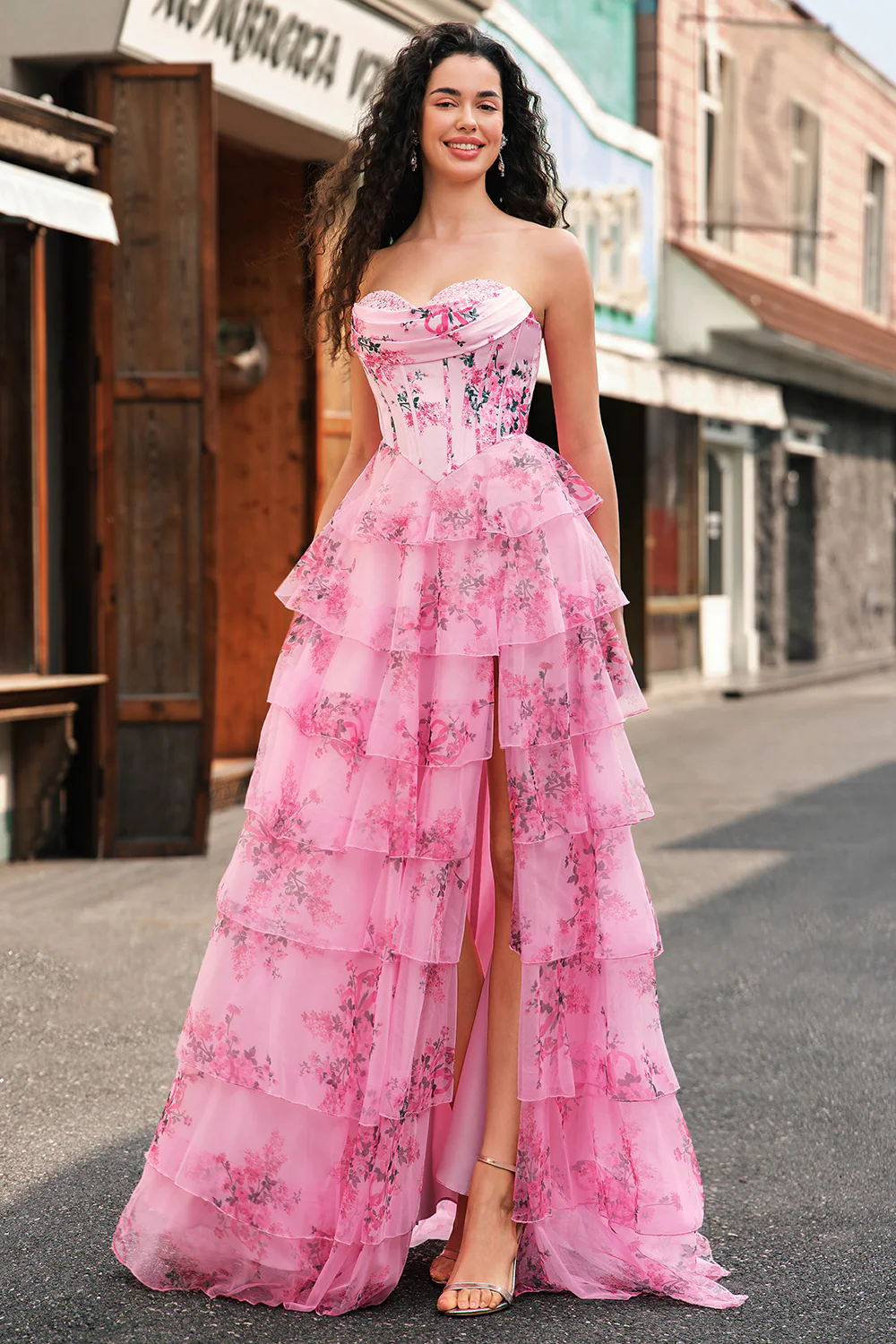 Romantic Strapless Floral Print Corset Tiered Ruffle High Slit Tulle Maxi Prom Dress
