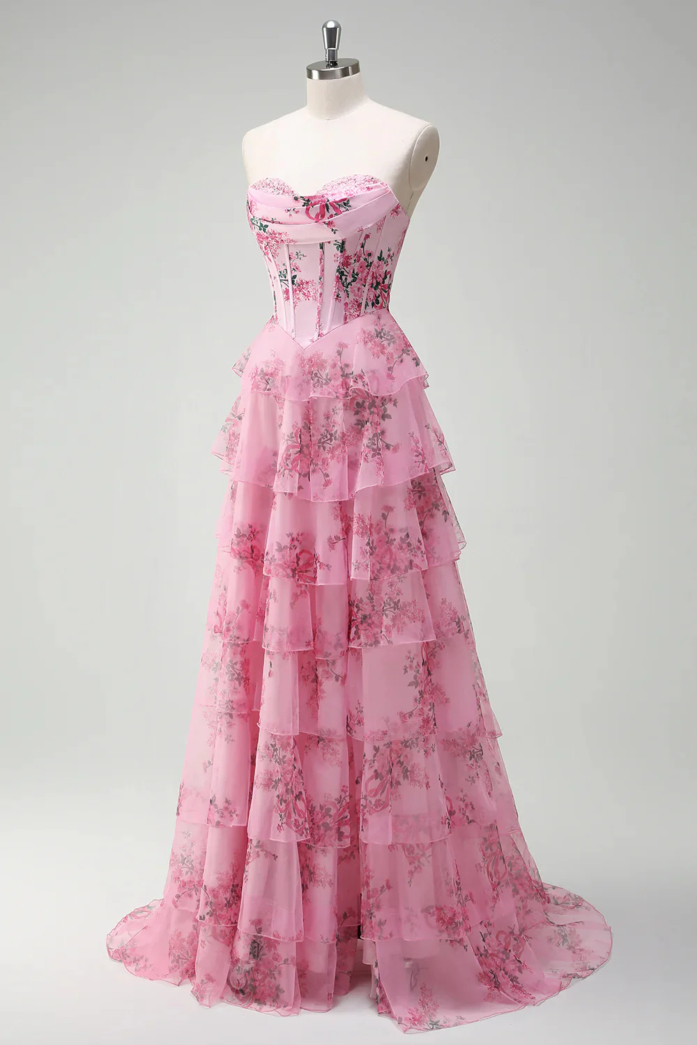 Romantic Strapless Floral Print Corset Tiered Ruffle High Slit Tulle Maxi Prom Dress