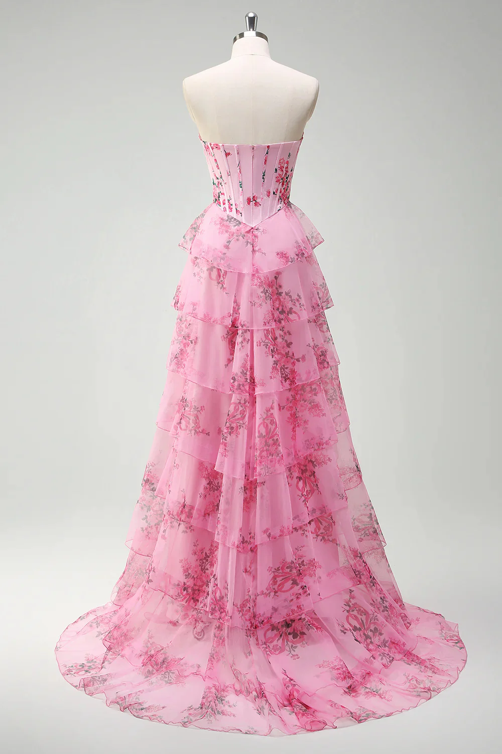 Romantic Strapless Floral Print Corset Tiered Ruffle High Slit Tulle Maxi Prom Dress