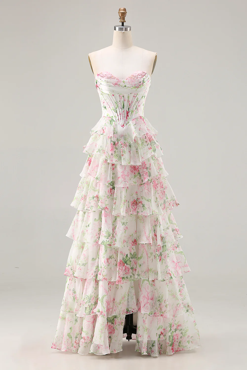 Romantic Strapless Floral Print Lace-Up Back Tiered Ruffle Chiffon Maxi Prom Dress with Train