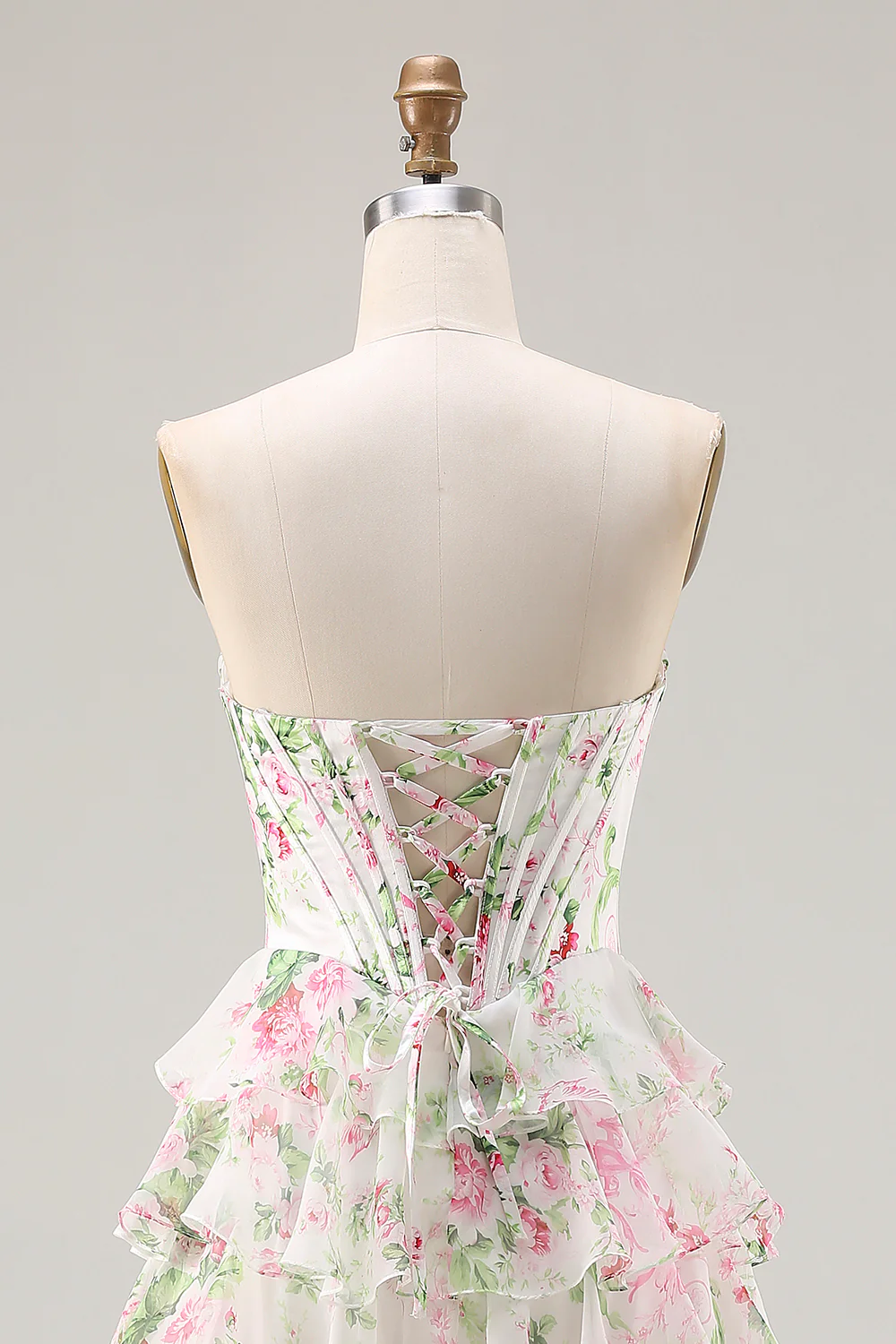 Romantic Strapless Floral Print Lace-Up Back Tiered Ruffle Chiffon Maxi Prom Dress with Train