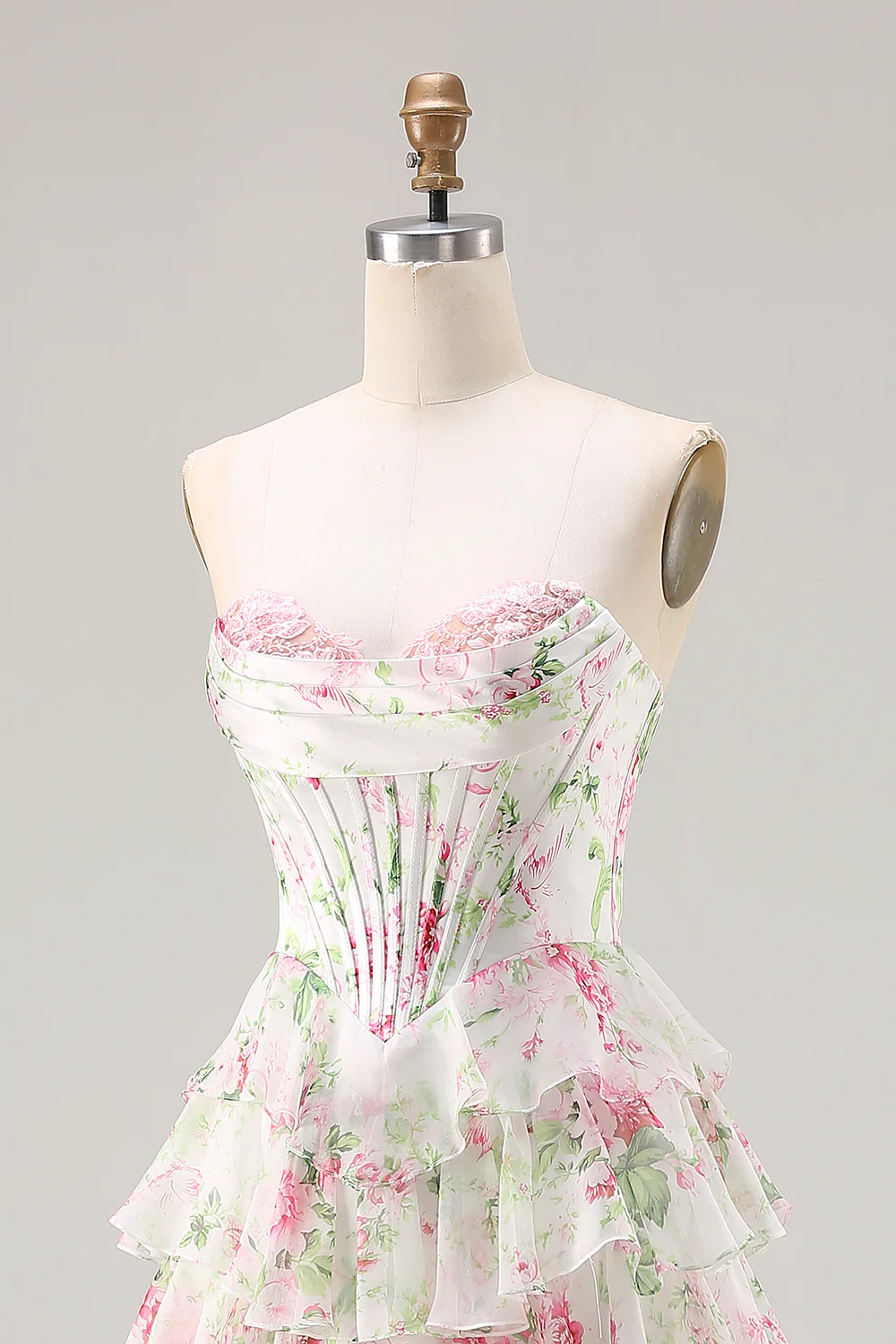 Romantic Strapless Floral Print Lace-Up Back Tiered Ruffle Chiffon Maxi Prom Dress with Train