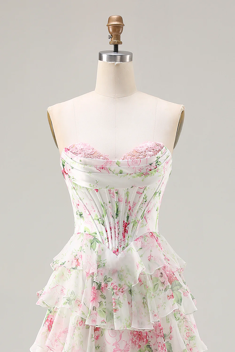 Romantic Strapless Floral Print Lace-Up Back Tiered Ruffle Chiffon Maxi Prom Dress with Train