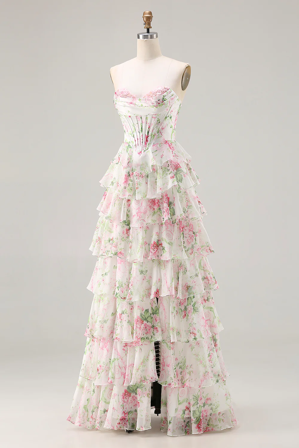Romantic Strapless Floral Print Lace-Up Back Tiered Ruffle Chiffon Maxi Prom Dress with Train