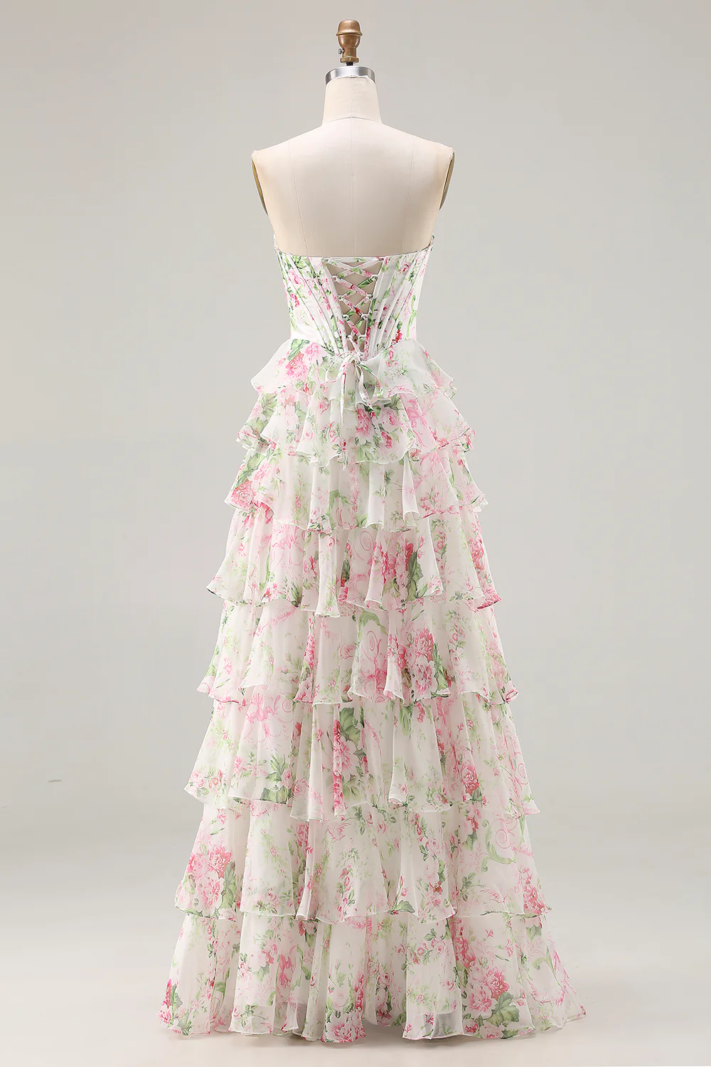 Romantic Strapless Floral Print Lace-Up Back Tiered Ruffle Chiffon Maxi Prom Dress with Train