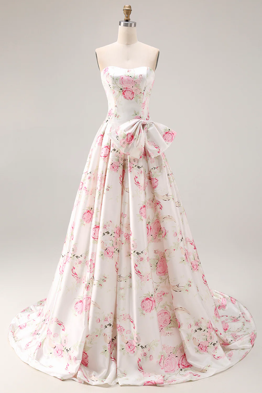 Romantic Strapless Floral Print Satin Prom Dress with Oversized Waist Bow and Lace-Up Back