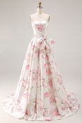 Ivory Floral Print Satin Sweetheart A-Line Floor-Length Evening Dress