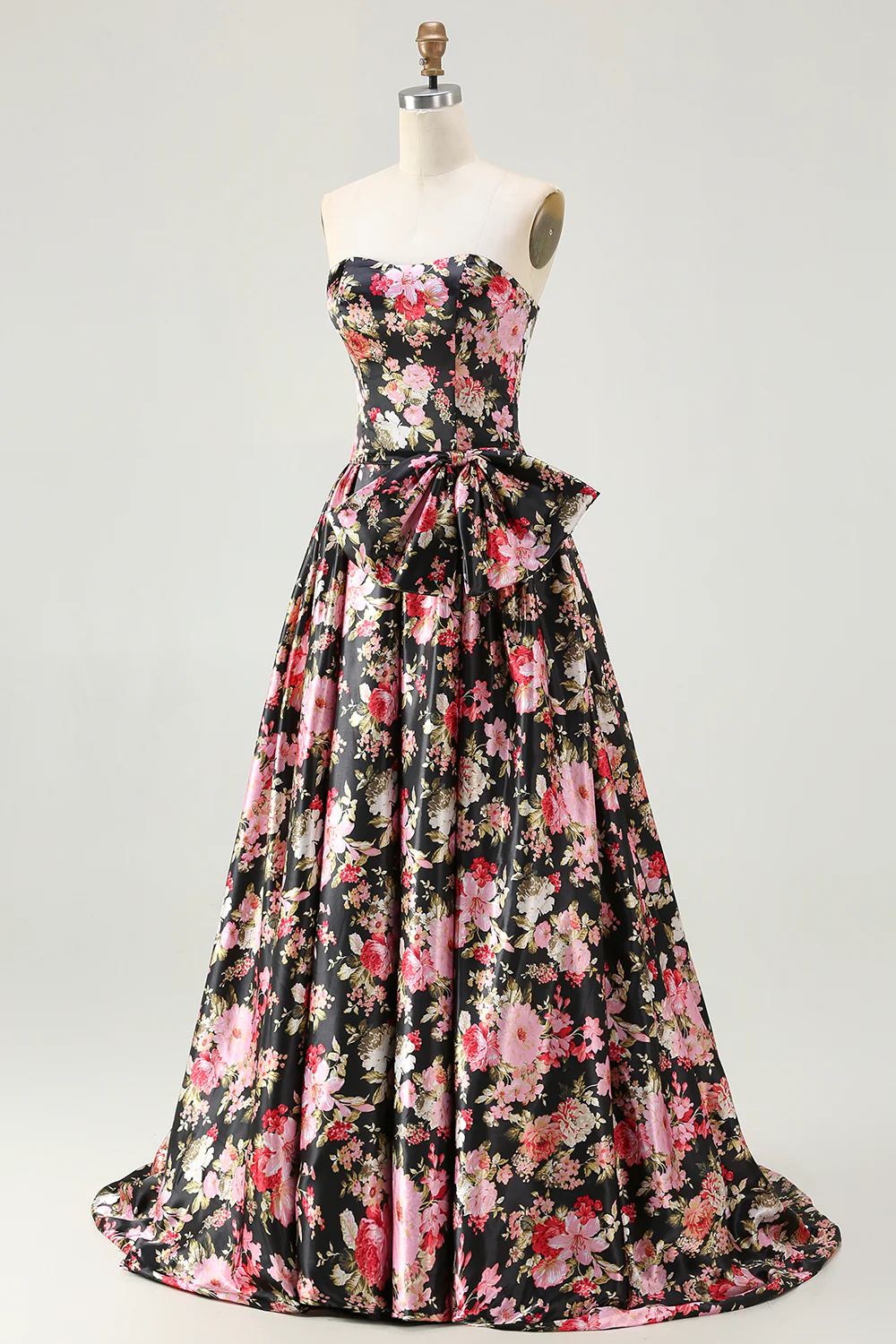 Romantic Strapless Floral Print Satin Prom Dress with Oversized Waist Bow and Lace-Up Back