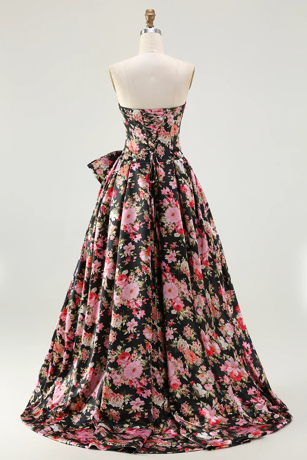 Romantic Strapless Floral Print Satin Prom Dress with Oversized Waist Bow and Lace-Up Back