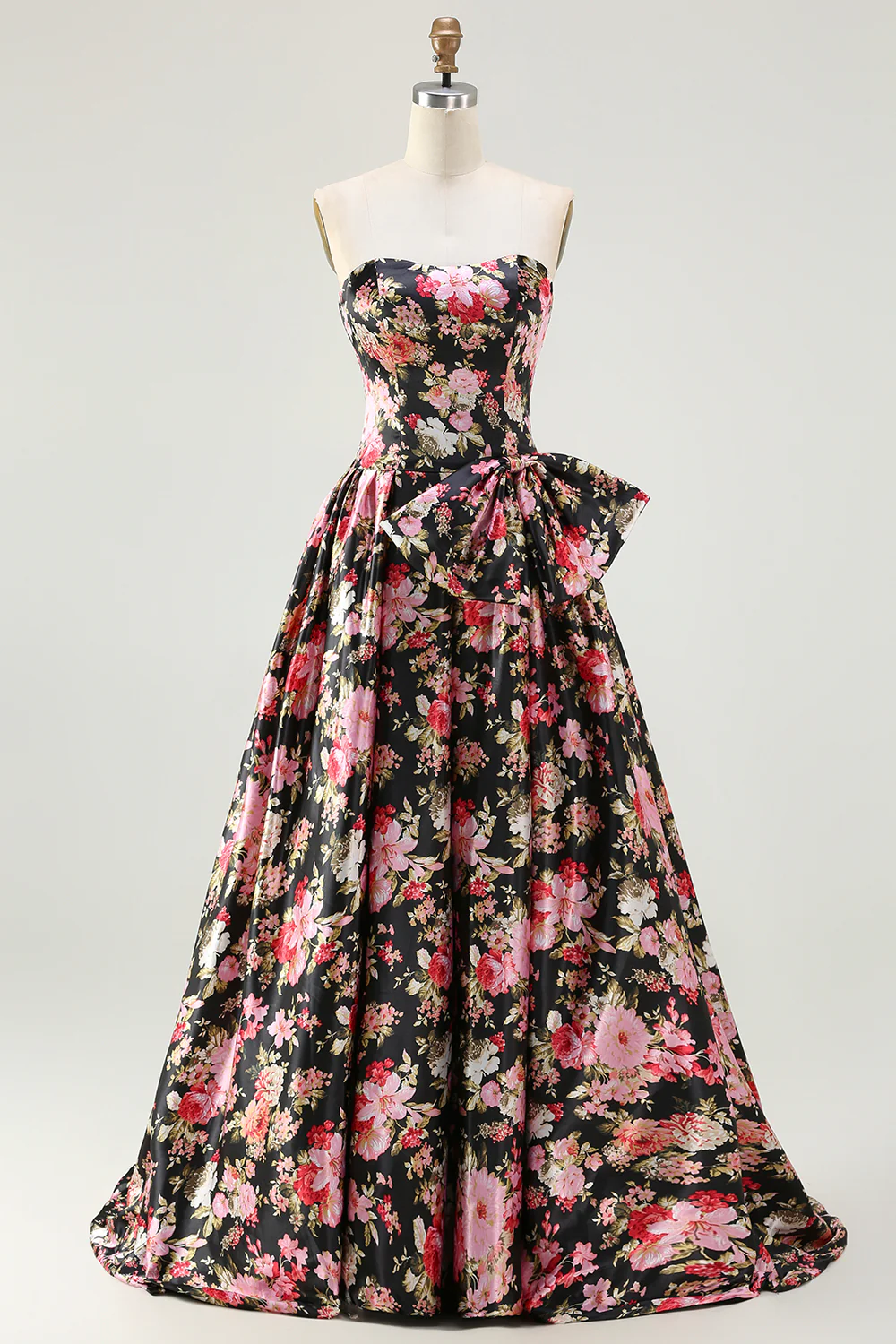 Romantic Strapless Floral Print Satin Prom Dress with Oversized Waist Bow and Lace-Up Back