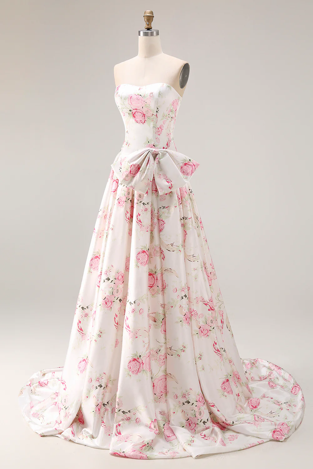 Romantic Strapless Floral Print Satin Prom Dress with Oversized Waist Bow and Lace-Up Back