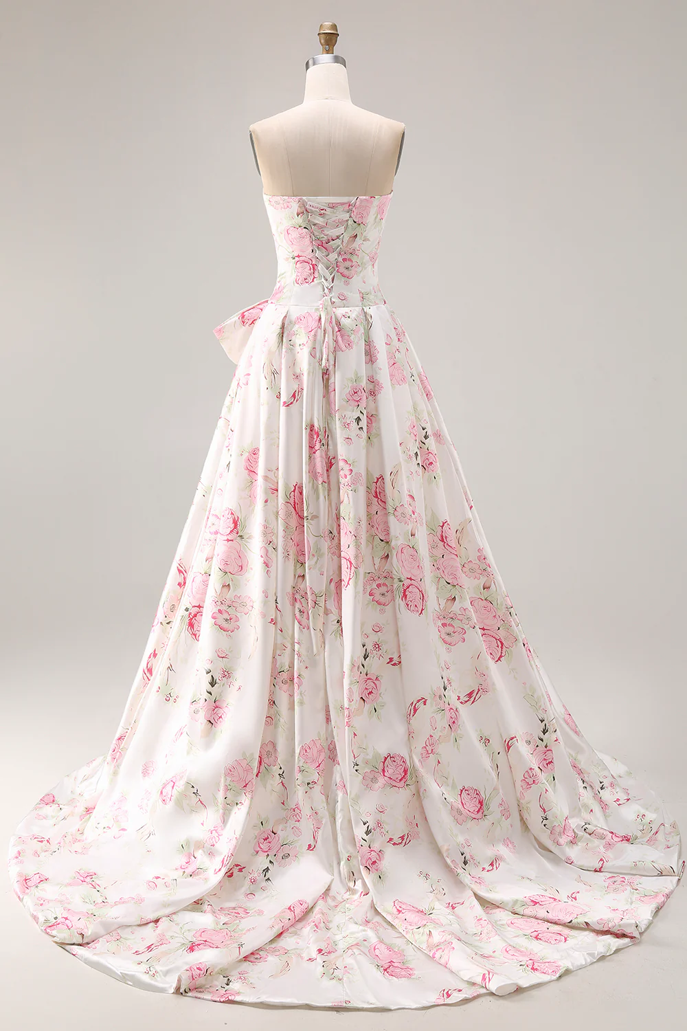 Romantic Strapless Floral Print Satin Prom Dress with Oversized Waist Bow and Lace-Up Back