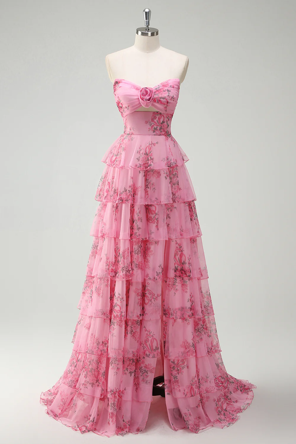 Romantic Strapless Floral Print Tiered Ruffle Prom Dress with Cutout