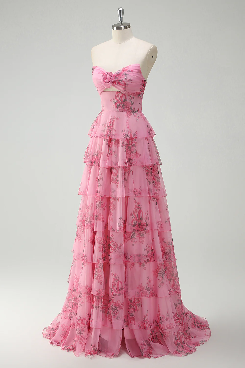 Romantic Strapless Floral Print Tiered Ruffle Prom Dress with Cutout