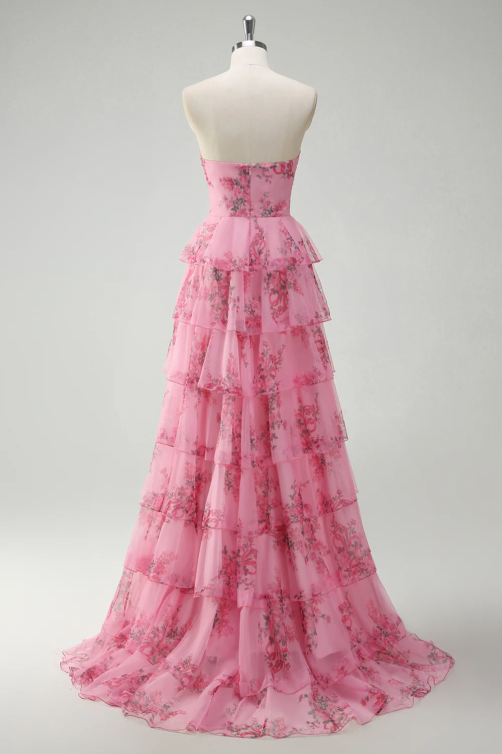 Romantic Strapless Floral Print Tiered Ruffle Prom Dress with Cutout