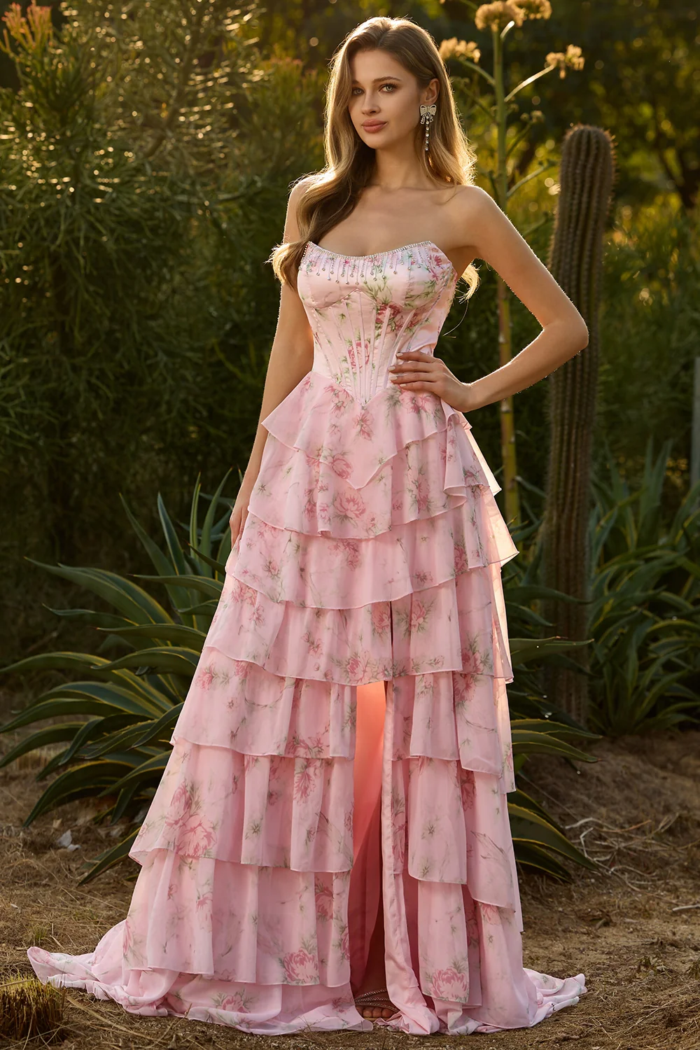 Romantic Strapless Floral Print Tiered Ruffle Prom Dress with High Slit