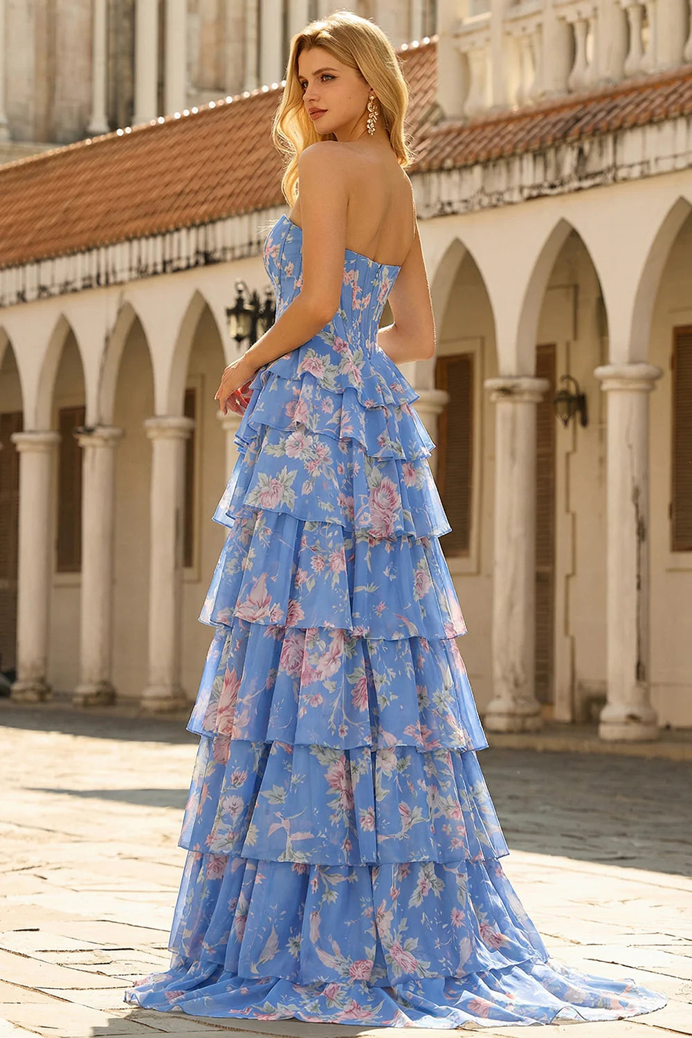 Romantic Strapless Floral Print Tiered Ruffle Prom Dress with High Slit