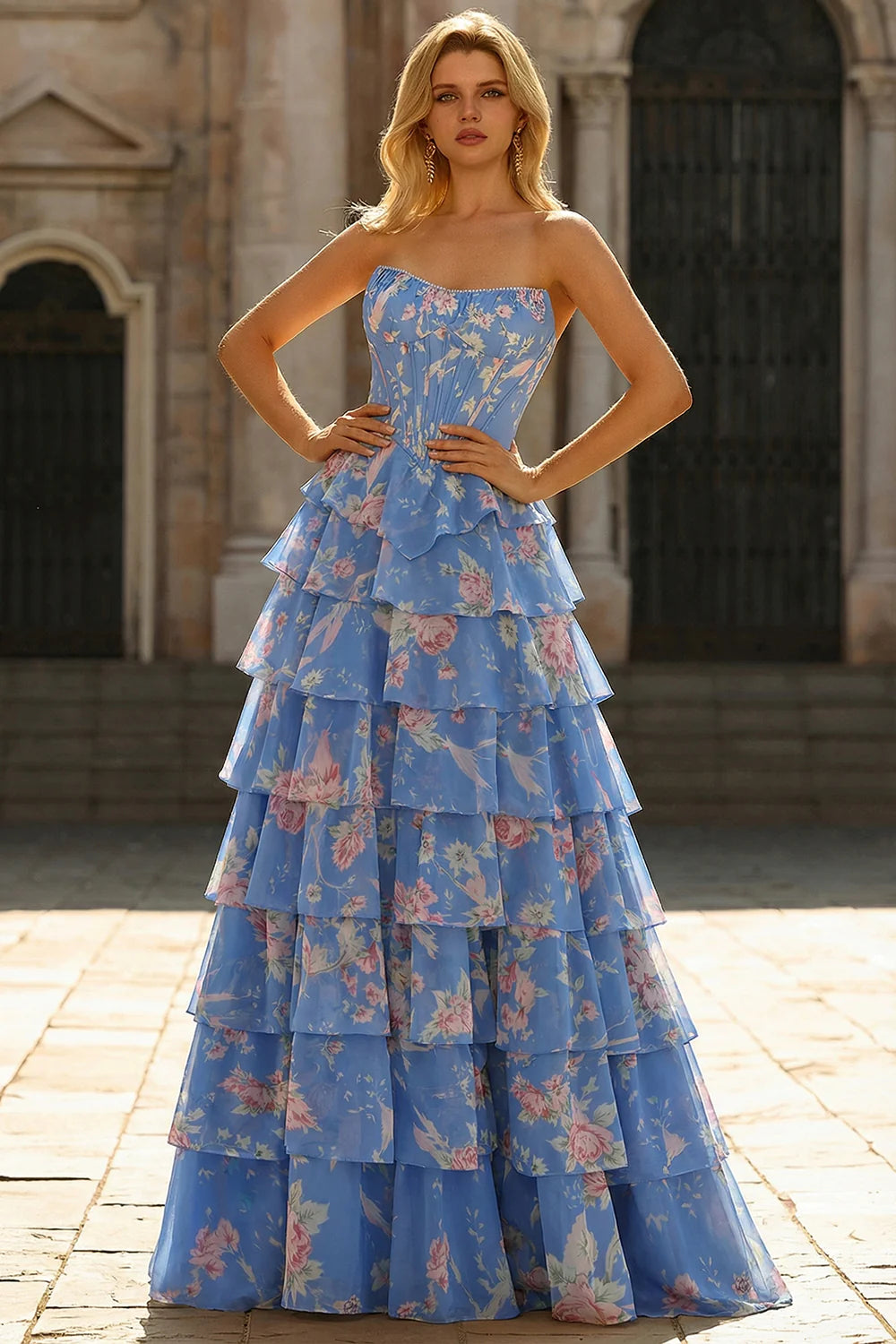 Romantic Strapless Floral Print Tiered Ruffle Prom Dress with High Slit