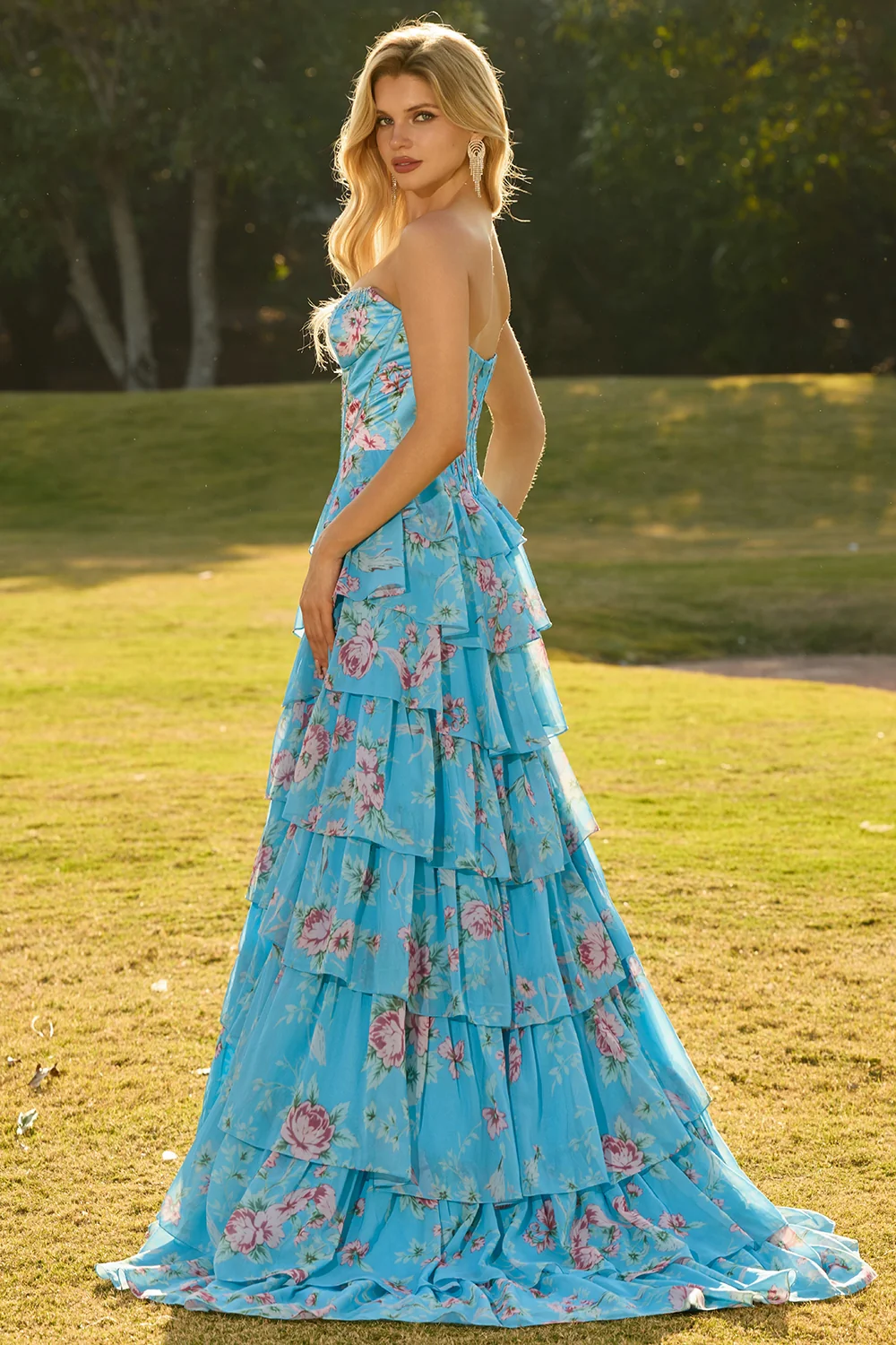 Romantic Strapless Floral Print Tiered Ruffle Prom Dress with High Slit