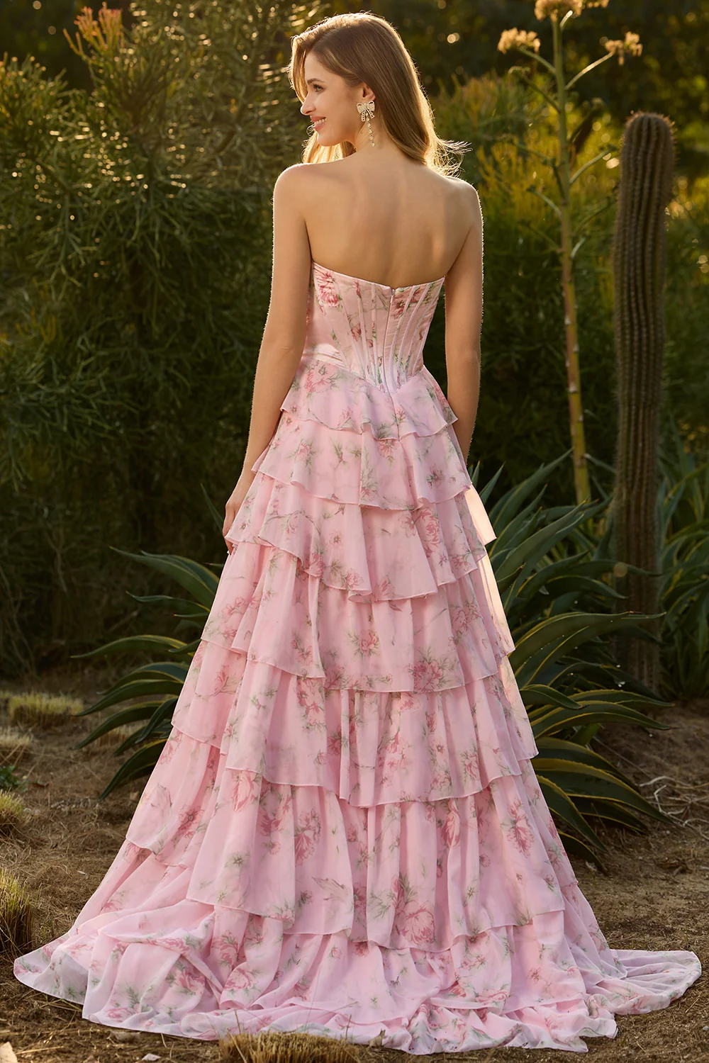 Romantic Strapless Floral Print Tiered Ruffle Prom Dress with High Slit