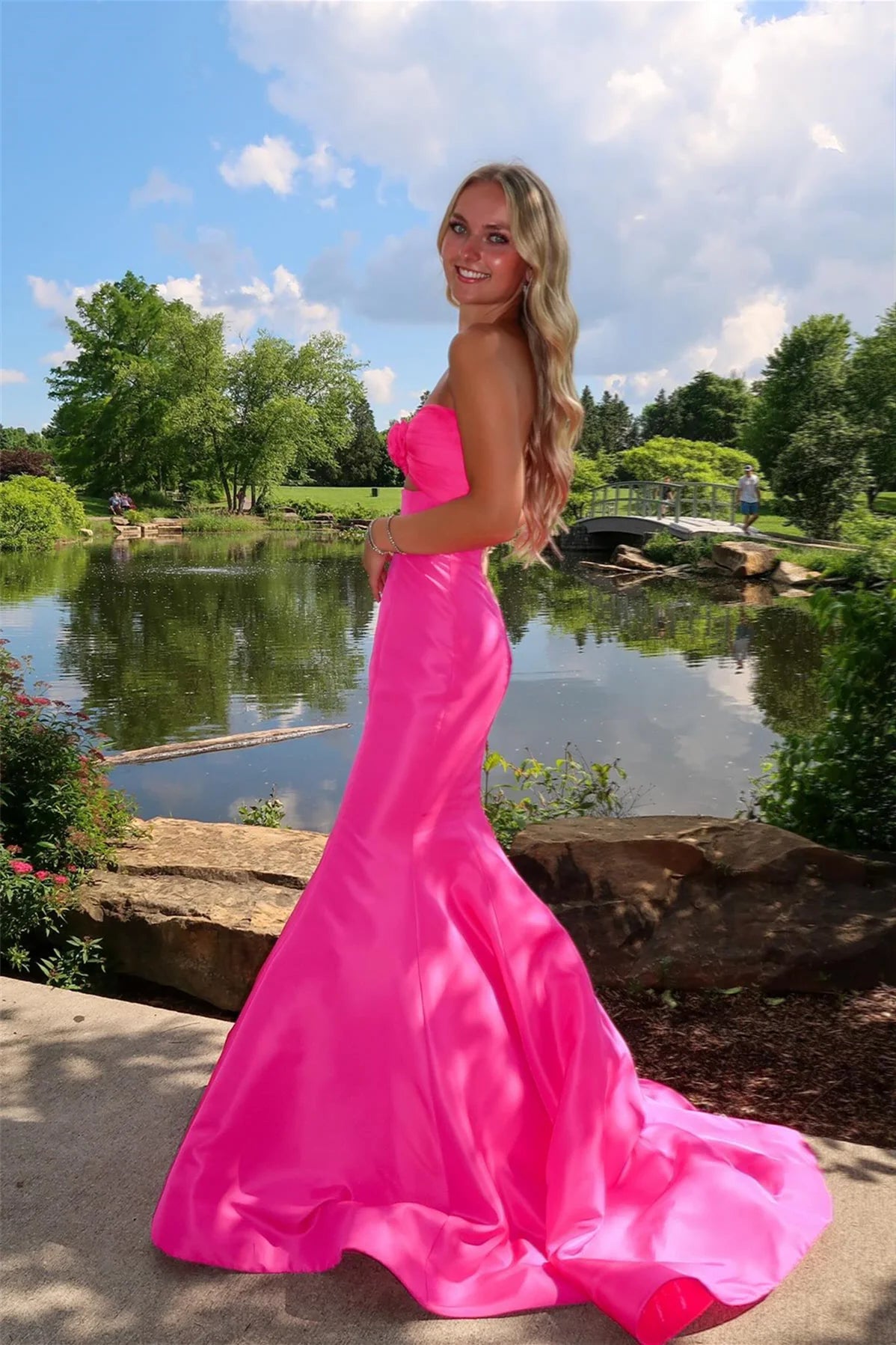 Romantic Strapless Sweetheart Fuchsia Satin Mermaid Prom Dress with Floral Detail & Cutout Bodice