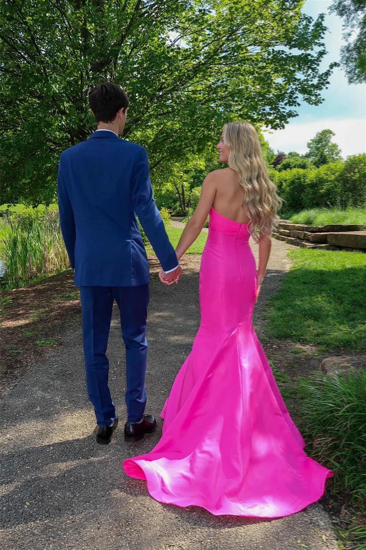 Romantic Strapless Sweetheart Fuchsia Satin Mermaid Prom Dress with Floral Detail & Cutout Bodice