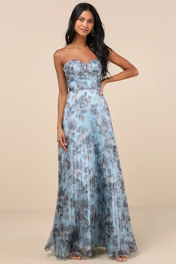 Romantic Strapless Sweetheart Lace-Up Back Pleated Maxi Floral Print Prom Dress