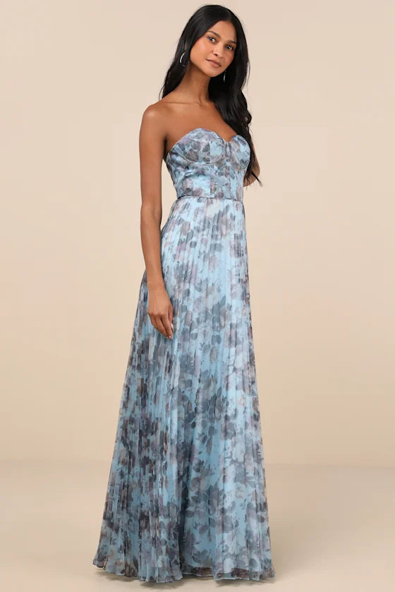 Romantic Strapless Sweetheart Lace-Up Back Pleated Maxi Floral Print Prom Dress