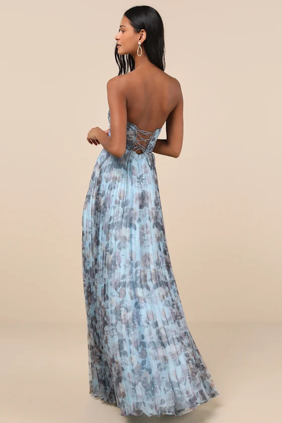 Romantic Strapless Sweetheart Lace-Up Back Pleated Maxi Floral Print Prom Dress