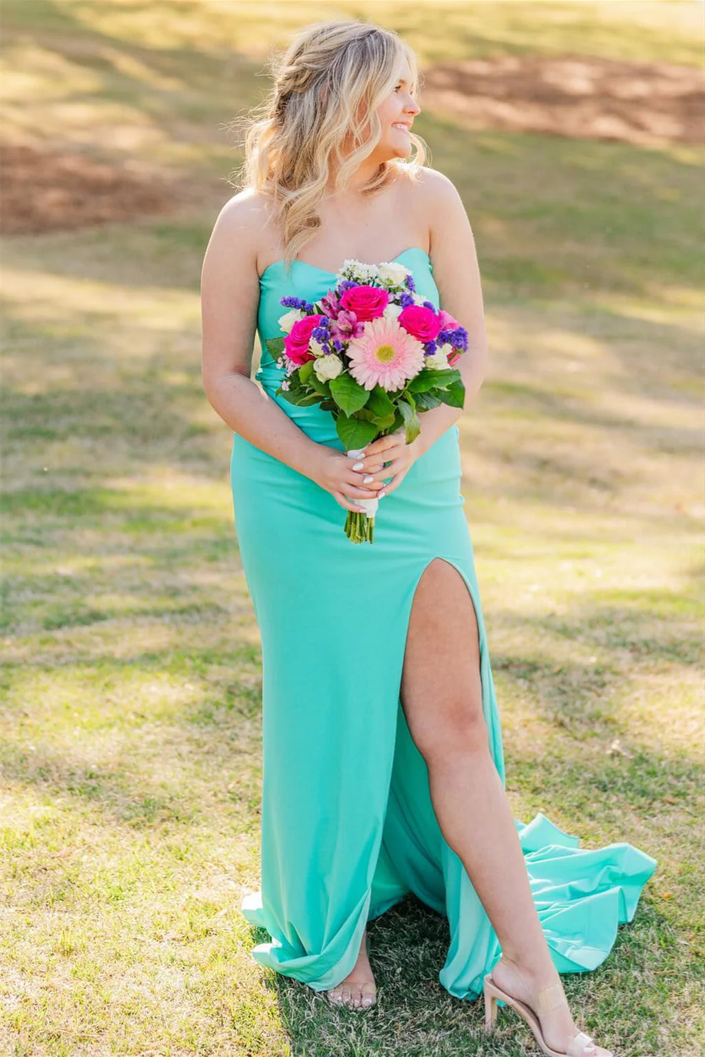 Teal Stretch Knit Sheath/column Floor-Length Dress with Open Back