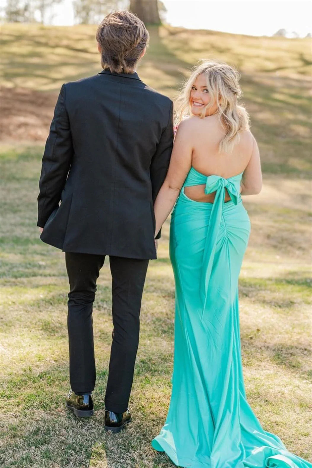 Romantic Strapless Sweetheart Neck Jersey Mermaid Prom Dress with Back Bow Tie & High Side Slit