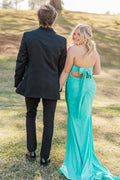 Teal Stretch Knit Sheath/column Floor-Length Dress with Open Back