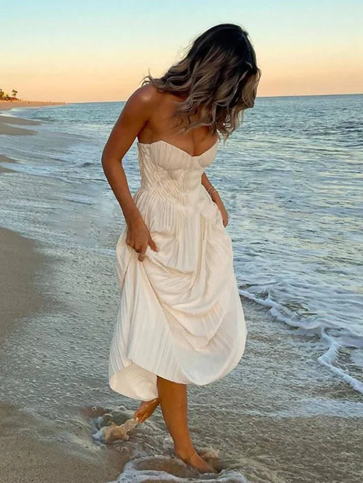 Romantic Strapless Sweetheart Pleated Bodice High-Low Midi Evening Dress