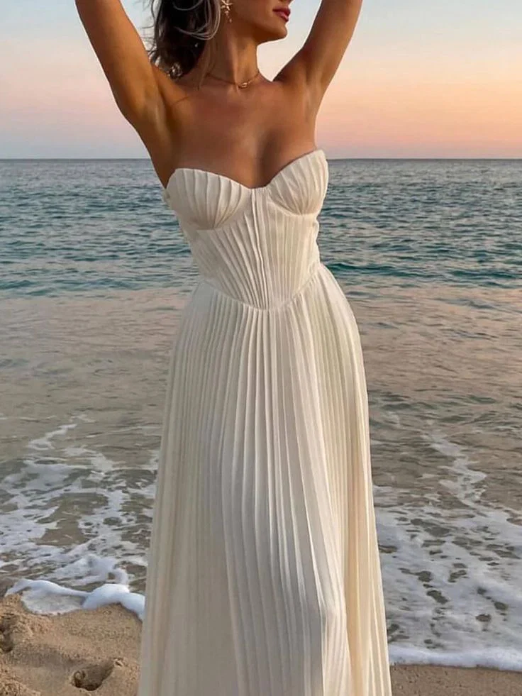 Romantic Strapless Sweetheart Pleated Bodice High-Low Midi Evening Dress