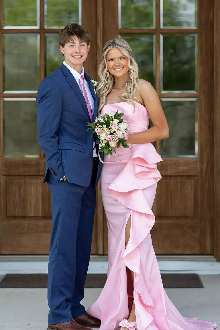 Pink Satin Mermaid Floor-Length Evening Dress with Cascading Ruffles