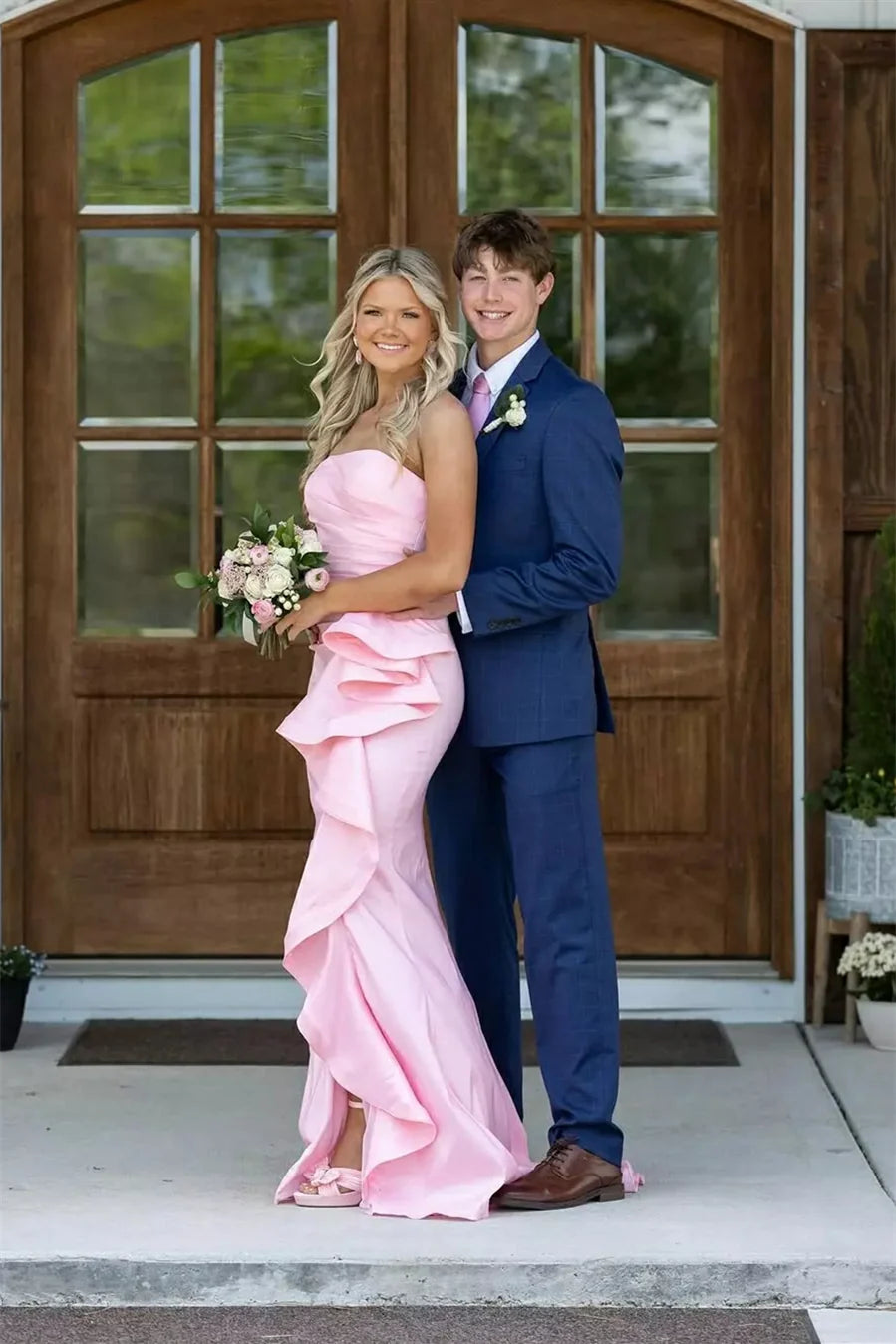 Pink Satin Mermaid Floor-Length Evening Dress with Cascading Ruffles