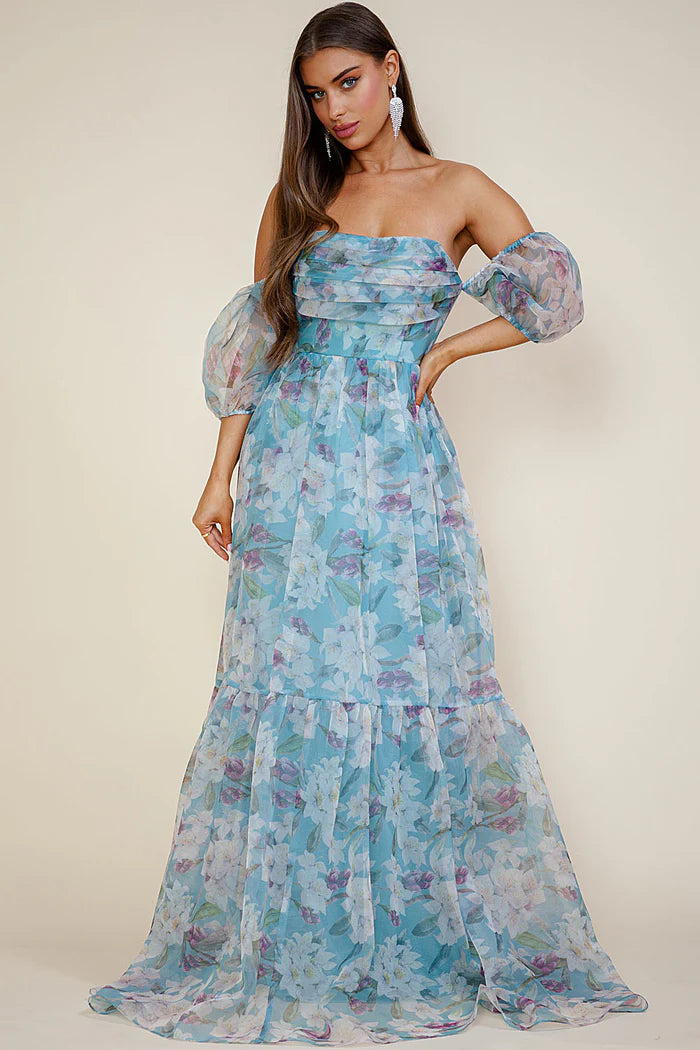 Romantic Tiered A-Line Off-Shoulder Puff Sleeve Lace-Up Back Floor-Length Chiffon Prom Dress