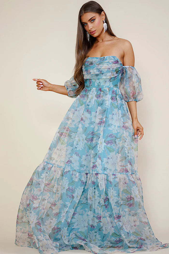 Romantic Tiered A-Line Off-Shoulder Puff Sleeve Lace-Up Back Floor-Length Chiffon Prom Dress