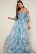 Blue Chiffon A-Line Off-the-Shoulder Floor-Length Bridesmaid Dress