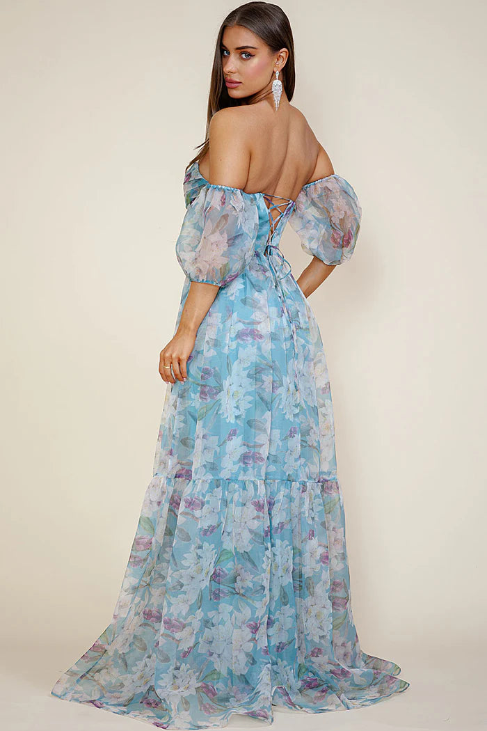 Romantic Tiered A-Line Off-Shoulder Puff Sleeve Lace-Up Back Floor-Length Chiffon Prom Dress
