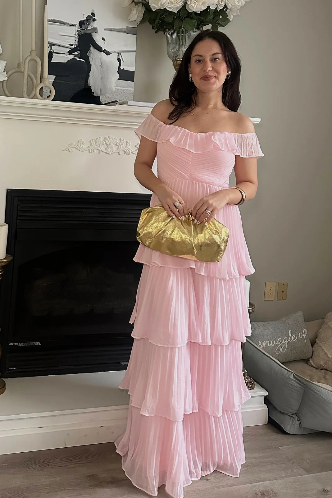 Romantic Tiered A-Line Off-the-Shoulder Sleeveless Ruffled Back Floor-Length Prom Dresses