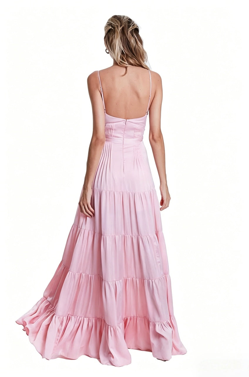 Romantic Tiered A-Line Spaghetti Strap Pleated V-Neck Back Zip Satin Pink Evening Dress