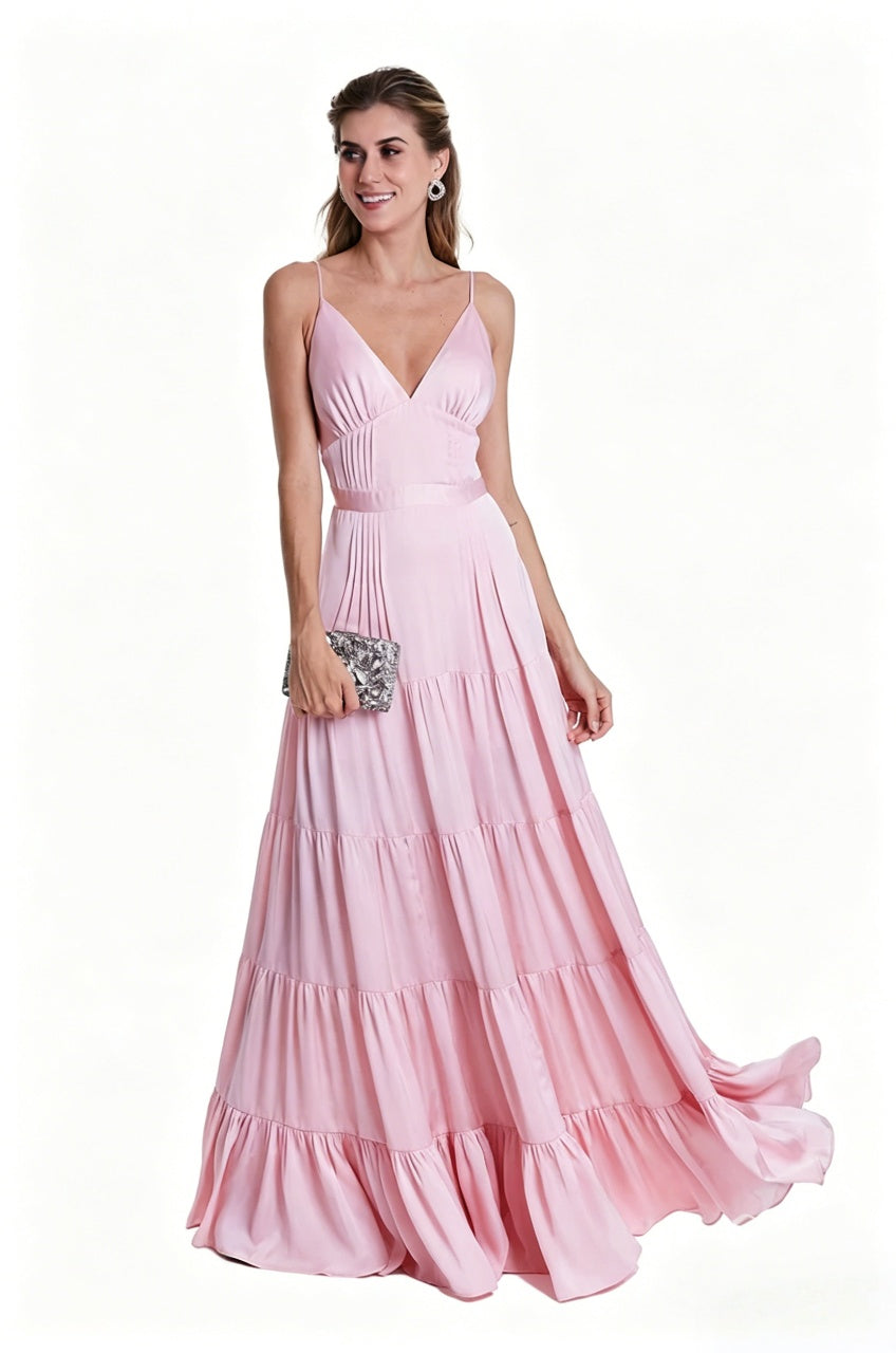 Romantic Tiered A-Line Spaghetti Strap Pleated V-Neck Back Zip Satin Pink Evening Dress