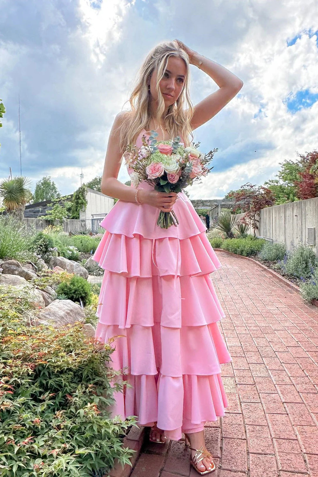 Pink Satin A-Line V-Neck Tiered Ruffle Evening Gown