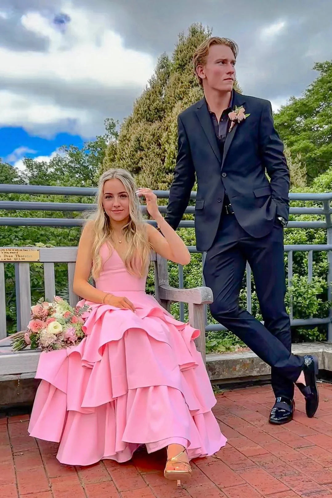 Pink Satin A-Line V-Neck Tiered Ruffle Evening Gown